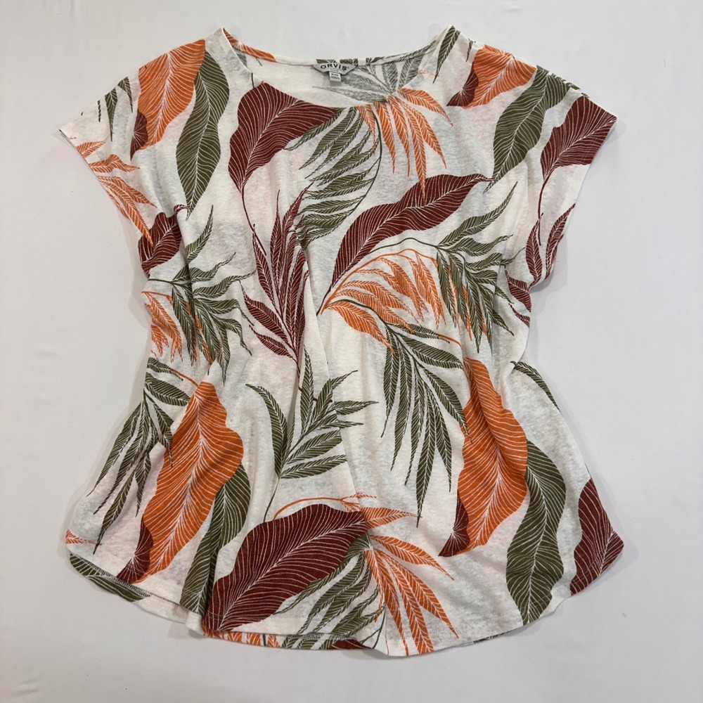 Orvis Tropical Leaf Print Top Women XL White Linen Blend Cap Sleeve | Coastal
